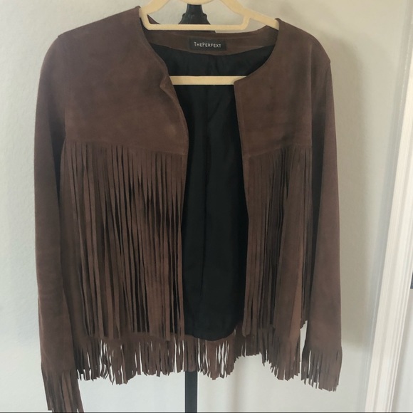 THEPERFEXT Chocolate Suede Fringe Jacket NWT Sz S